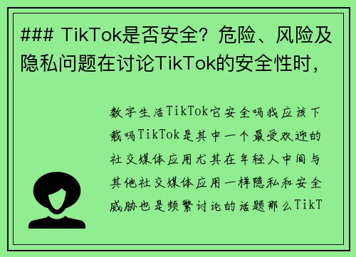 ### TikTok是否安全？危险、风险及隐私问题在讨论TikTok的安全性时，我们需要考虑多个